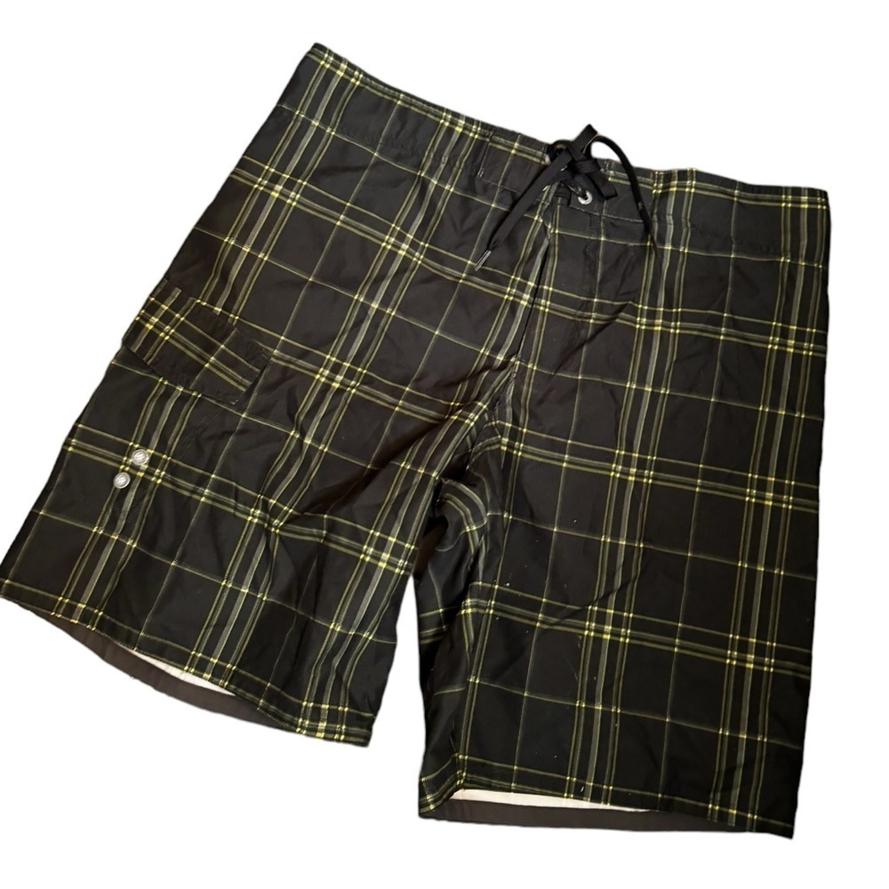 MOSSIMO SUPPLY CO plaid men’s bathing suit board shorts swimsuit size 38 green